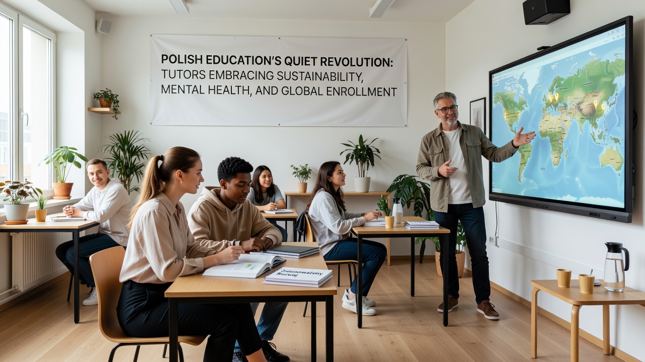 Diverse group of international students participating in an online Polish tutoring session focused on sustainability topics