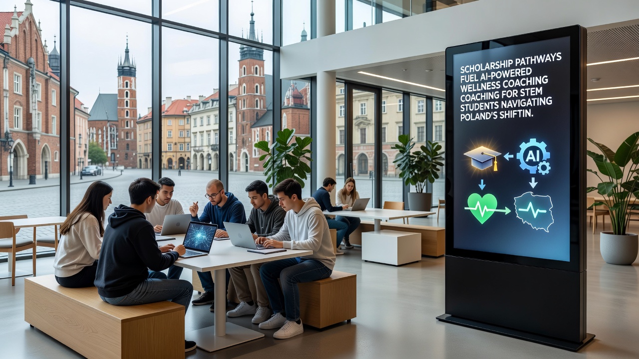AI dashboard interface showing wellness metrics for STEM scholarship recipients in Polish universities