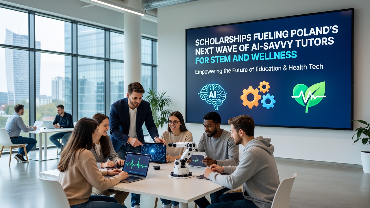 Group of scholarship recipients reviewing AI-driven tutoring software for wellness and STEM topics